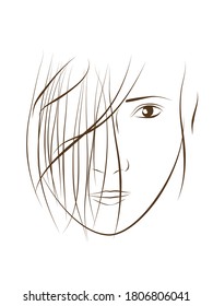 Line drawing illustration of a woman with her bangs down.