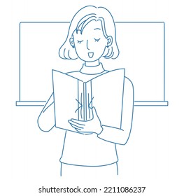 A Line Drawing Illustration Of A Woman Taking Attendance In Front Of A Blackboard