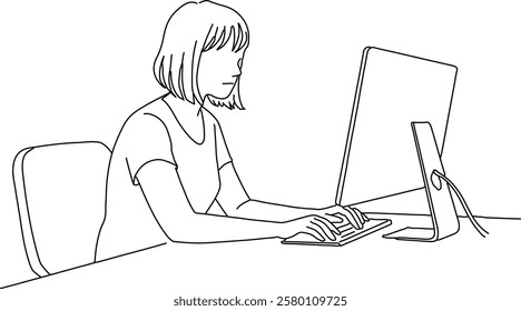 Line drawing illustration of a woman working at a desk BusinessOfficeHomework