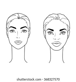 Line drawing illustration of women's faces.