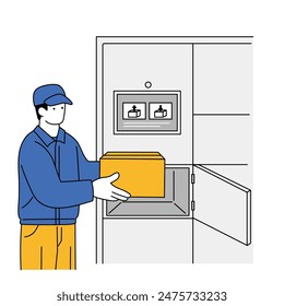 Line drawing illustration of a worker depositing a package in a delivery locker