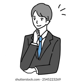 Line drawing illustration of a young businessman who came up with a good idea.