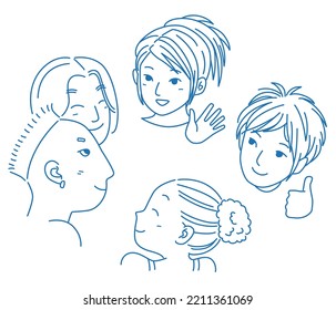 Line drawing illustration of young people having a fun conversation