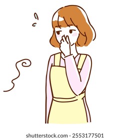 Line drawing illustration of a young woman holding her nose because of a smell.