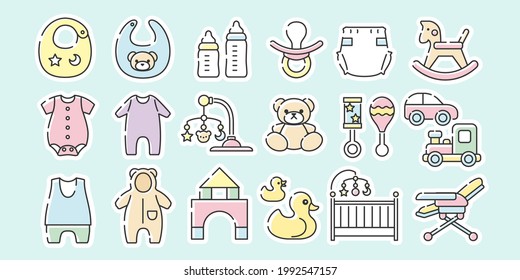 Line drawing illustrations for child care products and infant clothing