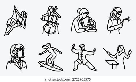 Desenho de linha ilustrações de pessoas fazendo várias atividades e trabalhos em estilo minimalista pessoas e ocupações