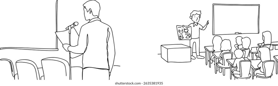 Ilustraciones de dibujos de líneas de presentaciones y conferencias en el aula con el profesor y los estudiantes