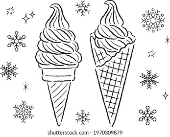Line drawing illustrations of soft serve ice cream and snowflakes