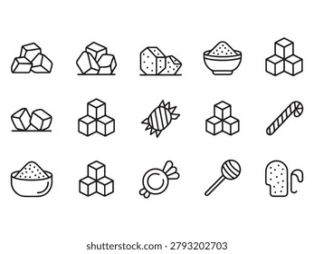 Line drawing illustrations of various types of candy and sugar cubes and bowl with sugar sweet treats and desserts