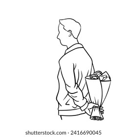 Line drawing illustretion of a man holding flowers behind his back,vector illustration.