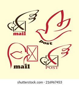 Line drawing images. Set of mail design contains images of homing pigeon, mail and text.