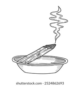 Line drawing of incense palo santo burning in a bowl with flowing smoke, representing peace, mindfulness, and wellness in spiritual or relaxation-focused settings.