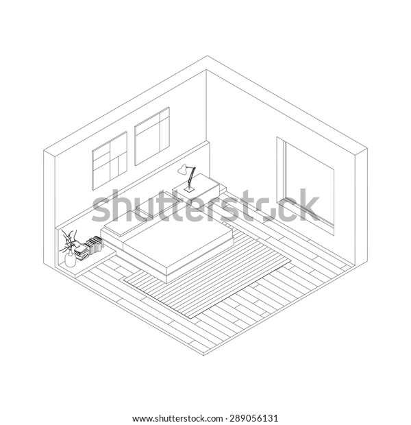 Line Drawing Interior Bedroom Isometric View Stock Vector