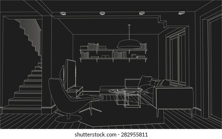  Line drawing of the interior on a black background