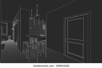 Line drawing of the interior on a black background