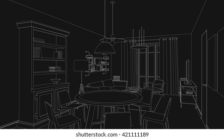 Line drawing of the interior on black background