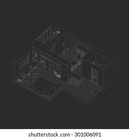 Line drawing of the isometric interior of apartment on black background.