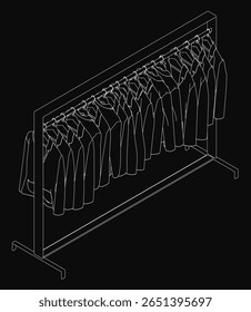 A line drawing of jackets hanging on a clothes rack with clean outlines and simple details. The black background emphasizes the minimalist design. Perfect for fashion concepts or retail themes.