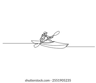 line drawing of a kayaker paddling on water. Simple and clean design perfect for adventure, sports, and outdoor activity themes