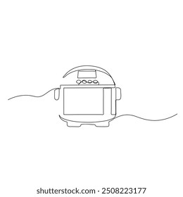 A line drawing of a kitchen appliance, likely a rice cooker or slow cooker, with a lid, control buttons or indicators, and two side handles. It has a power cord extending from its body