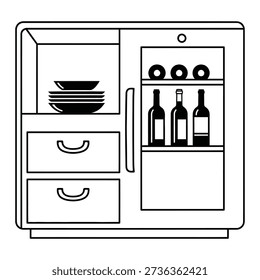 A line drawing of a kitchen cabinet showing stacked bowls, drawers, and wine bottles, illustrating home organization, storage, and kitchen appliances.