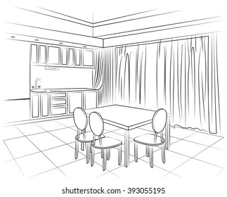 Line drawing of the kitchen interior on a white background
