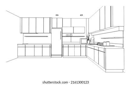 line drawing of kitchen room and pantry,Modern design,3d rendering