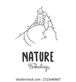 Line drawing Landscape with house landmark. Holiday vacation wall decor art poster print concept. Modern single line draw design vector illustration