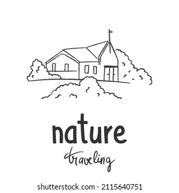 Line drawing Landscape with house landmark. Holiday vacation wall decor art poster print concept. Modern single line draw design vector illustration