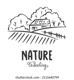 Line drawing Landscape with house landmark. Holiday vacation wall decor art poster print concept. Modern single line draw design vector illustration