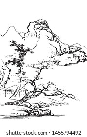 Landscape Line Drawing Traditional Chinese Painting Stock Vector ...