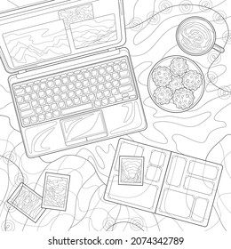 Line drawing laptop, album, photos of landscapes, plate with chocolate cookies, cup of coffee or tea, plaid, light garland. Cozy illustration on a white isolated background. For coloring book.