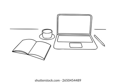 Line drawing a laptop coffee cup open book pen on a desk Single computer notebook