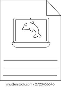 Dibujo de línea de una computadora portátil que muestra un delfín con una esquina de página doblada y líneas para escribir