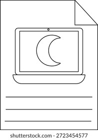 Line drawing laptop on a document with a moon symbol on the screen
