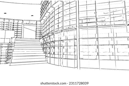 dibujo de línea de una gran estructura de estantería en una librería, representación 3d