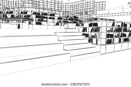line drawing of a large bookshelf structure in a bookstore,3d rendering