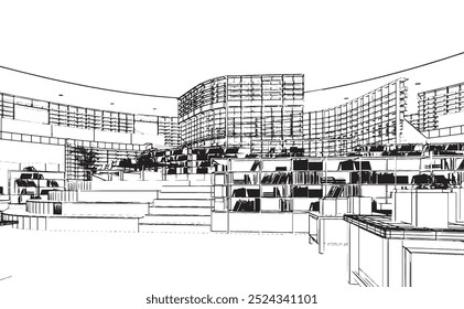 desenho de linha de uma grande estrutura de estante de livros em uma livraria, renderização 3d