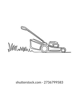 Line drawing of a lawnmower cutting grass on a simple background