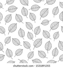 Line drawing leaves with simple decor on white background. Seamless graphic floral pattern. Suitable for wallpaper, packaging, coloring book.