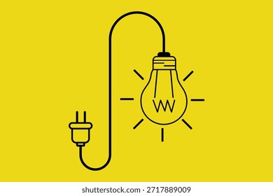 Dibujo de línea de una bombilla con un cable de alimentación y enchufe sobre un fondo amarillo