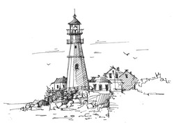 Line Drawing Of A Lighthouse. Architectural Sketch. Vector Illustration. Lighthouse Near The Sea