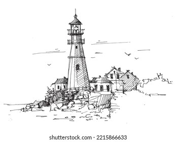 Line drawing of a lighthouse. Architectural sketch. Vector illustration. Lighthouse near the sea