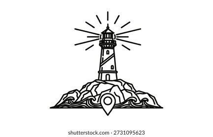 Dibujo de línea de un faro en una costa rocosa con olas