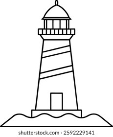 A line drawing of a lighthouse with a round top and a light chamber with vertical bars. The lighthouse has a main entrance at the base, and the base is on wavy lines representing land.