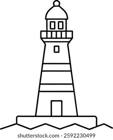A line drawing of a lighthouse with a round top featuring a small dome and a window. The lighthouse has a balcony around the light chamber, rectangular windows, and a main entrance at the base.