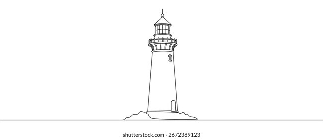 Line drawing of lighthouse tower. Simple illustration of castle hill tower, sea coast line art vector illustration Editable stroke