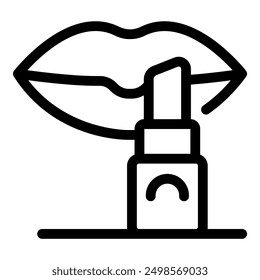 Dibujo de línea de un lápiz labial aplicando maquillaje en los labios femeninos para una rutina de belleza