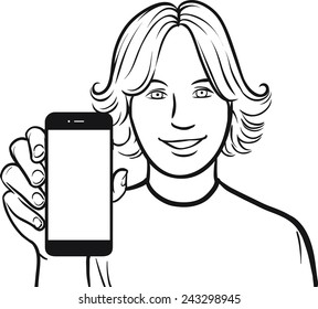 line drawing of a long-haired guy showing a mobile app on a smart phone