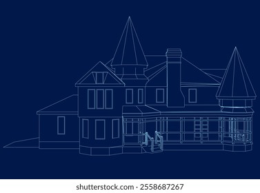 line drawing luxury house building. Contour Home architecture property isolated concept. Vector illustration on blue background